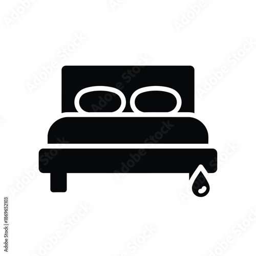 Vector illustration icon a black and white icon of a bed with a single drop of water falling from the corner, isolated on white background