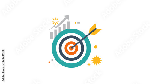A red target with an arrow hitting the center circle symbolizes business success, marketing accuracy, and the winning concept of aiming for a goal on a 3d dartboard