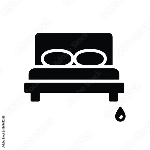 Vector illustration icon black icon of a bed with glasses on it and a single drop falling from the bed, isolated on white background