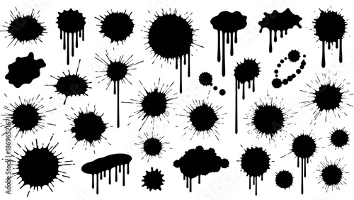 Set of black ink blots and monochrome flowers featuring nature silhouettes like palm leaves and pine branches in a vector illustration pattern