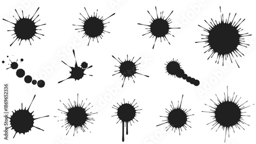 Set of Black Ink Splatters and Paint Splashes, Isolated White Background