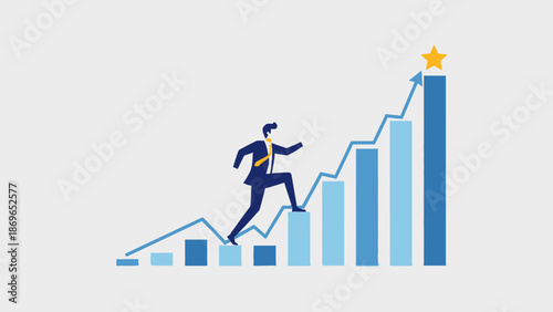 Businessman Running Up Bar Chart to Star, Career Growth and Business Success Concept, Light Gray Background