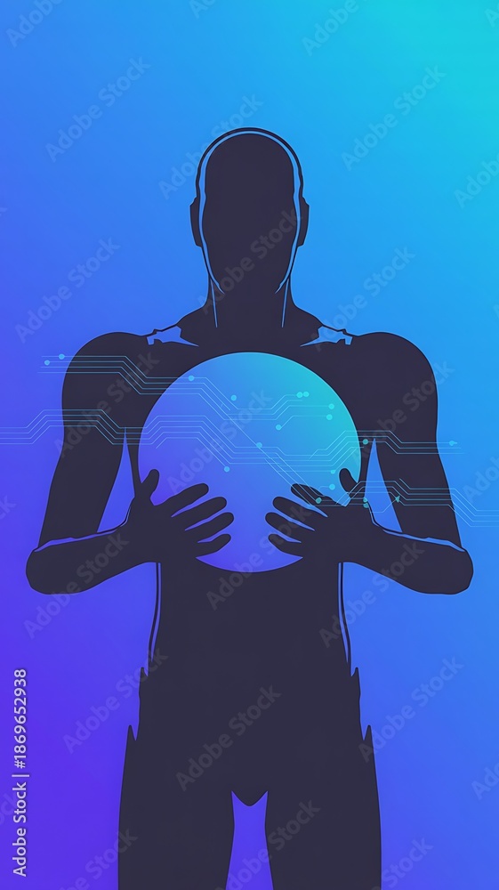 Naklejka premium Human holding globe with tech circuit