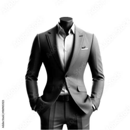 Black and white halftone illustration of a headless mannequin wearing a modern business suit and shirt. Minimalist fashion concept for corporate style, elegance, menswear, and branding design.