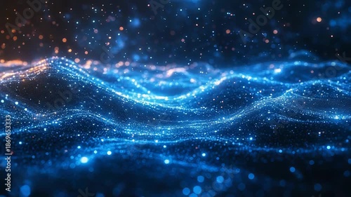 Wallpaper Mural Blue glowing particle waves form an abstract digital landscape, evoking futuristic quantum computing, ai networks, cyberspace connectivity and flowing data across a dark cosmic field Torontodigital.ca