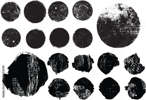 Grunge circle stamps, insignias, labels, tags for your design. Grunge textured black vector rubber stamps.Vector rough edges badges set .Grunge set of textured black labels . Pack of vector stickers. 