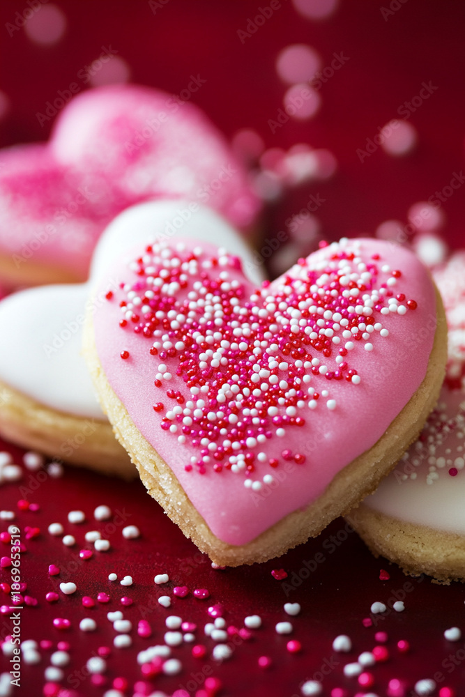 Obraz premium Close up of cookies in pink and white color create a sweet heart inspired dessert perfect for a Valentine bakery treat with sprinkles and icing.