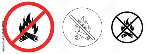 No campfire sign vector illustration, fire ban symbol for forest safety, wildfire prevention warning icon design.