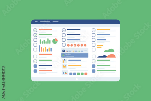 Digital dashboard displays various analytical charts and organized task.