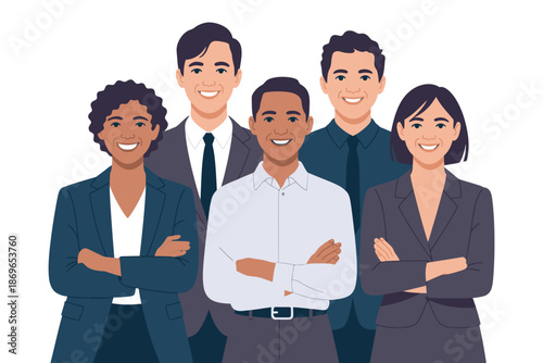 Diverse group of smiling professionals stand together with arms crossed.