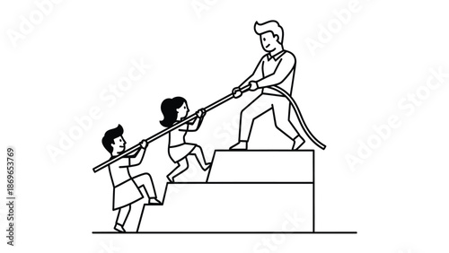 Teamwork and Leadership Illustration: Guiding Colleagues Up the Ladder of Success
