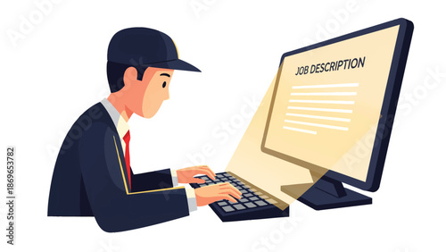 Cartoon Businessman Typing Job Description on Computer in Office Setting