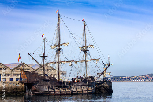 Replica of a 17th century Spanish Galleon Andalucia with three masts and wooden hull in the port of Vigo. Rias Baixas, Galicia, Spain