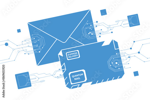 Digital concept illustrates quantum mail and express delivery envelopes.