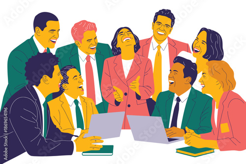 Smiling group of international business colleagues shares laughter around a.