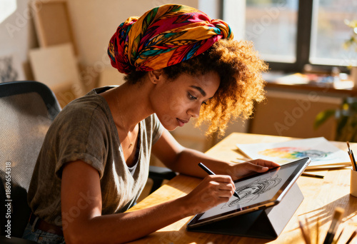 African female adult artist drawing on tablet in sunlit studio