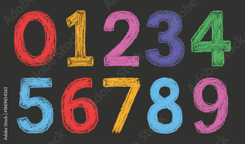 Colorful chalk-style numbers zero to nine on black background