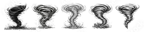 Set of hand-drawn tornadoes with swirling wind effects