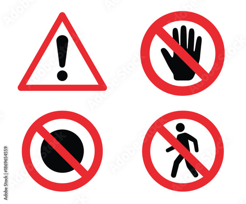Warning and prohibition icons in vector, red border and black symbol style, including no entry, no walking, caution and restricted access, transparent background for safety signage, apps and websites.