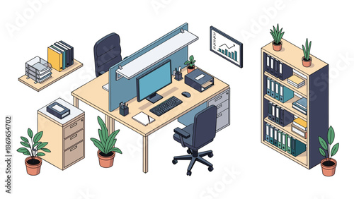 Organized modern workspace featuring a desk with a computer, chair, filing cabinets, and various potted plants.