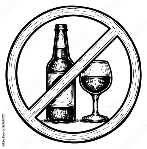 Hand drawn line art illustration of a no alcohol sign depicting a beer bottle and a wine glass crossed out for prohibition warnings