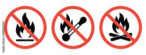 No fire campfire and matches prohibited symbol set, crossed flame icons for safety warning signs, fire restriction prevention vector.