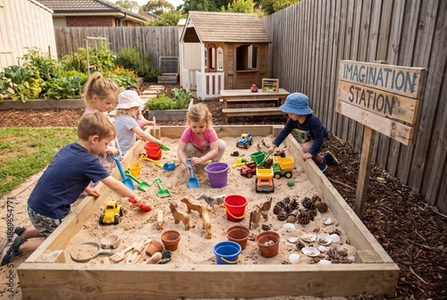 Children playing in sandbox at outdoor play area with toys and imagination station sign