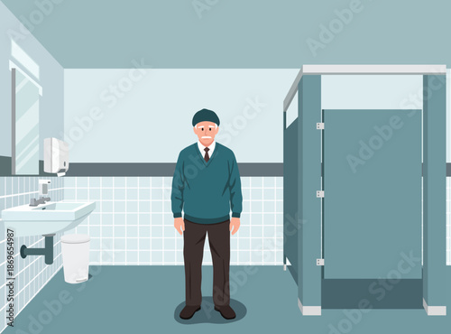 elderly man standing in a clean, institutional public restroom. He wears a blue sweater, tie, and cap, with a concerned expression.