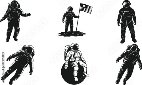 Astronaut silhouette, space exploration, floating pose, flag holding, moon sitting, vector illustration, helmet figure, cosmic activity, zero gravity