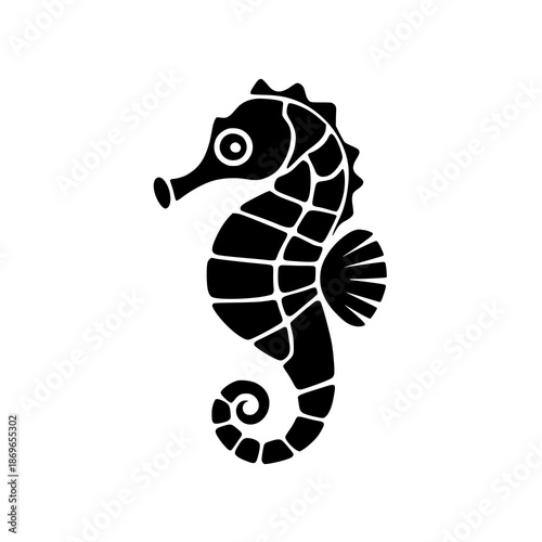 Black seahorse silhouette with white outline on plain background