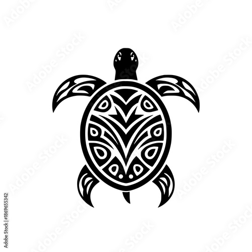 Stunning black turtle with tribal shell design on white background