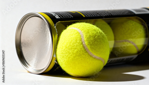 Bright yellow tennis ball with can on white background.