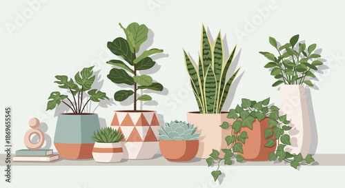 Collection of potted plants and succulents on a shelf with decorative items