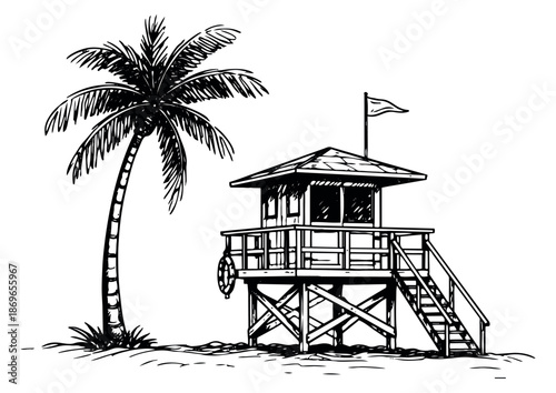Hand drawn line art illustration of a lifeguard tower and palm tree depicting a tropical beach scene for summer travel and safety concepts
