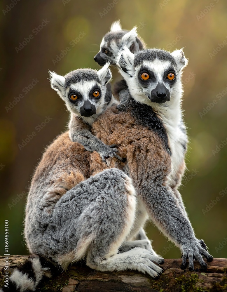 Obraz premium Lemur Family Portrait - A Mothers Love and Protection in the Wild.