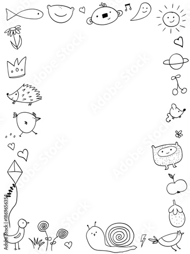 Playful doodle border with smiling animals on white background with copyspace, school or nursery posters