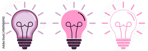A set of glowing pink lightbulbs in different styles, symbolizing creativity, energy efficiency, and environmental friendly solutions for modern designs