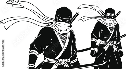 Ninja silhouettes in combat stance, sword and scarf detail, stealth warriors, black icons, white background, martial arts theme