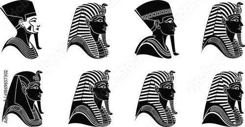 Ancient Egyptian royalty silhouettes, pharaoh and queen profile, headdress icons, black figures, white background, cultural heritage, historical art
