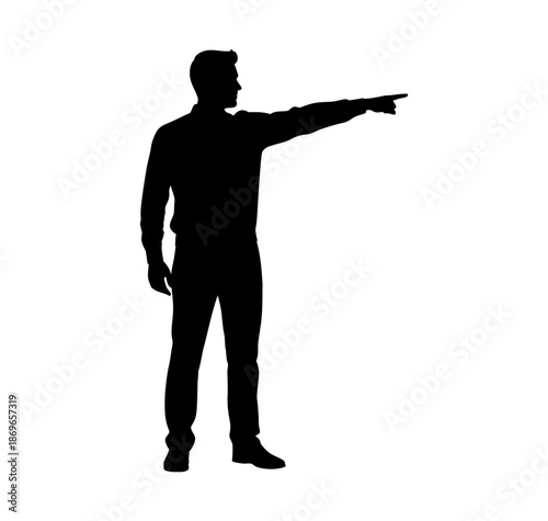 Confident male silhouette gesturing forward, symbolizing leadership and clear direction towards future goals and opportunities, isolated on white background for various design applications