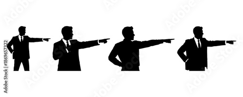 Silhouettes of businessmen in suits pointing to the right in various poses against a white background, representing direction and leadership