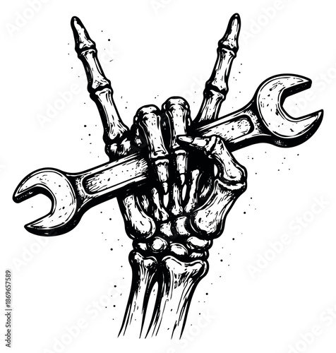 Hand drawn illustration of a skeleton hand depicting a wrench held in a rock gesture for design projects