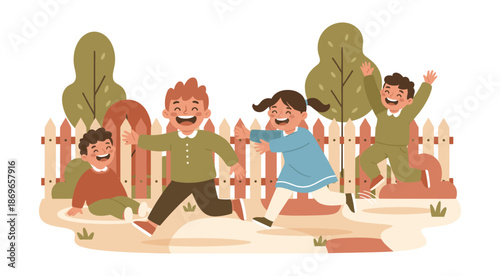 Kids playing tag in backyard with wooden fence