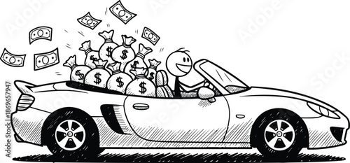 Cartoon Character Driving Sports Car with Money.