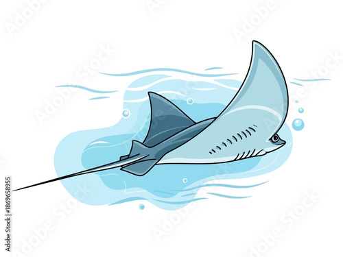 Illustration of a graceful stingray swimming through clear blue ocean water with subtle waves and bubbles