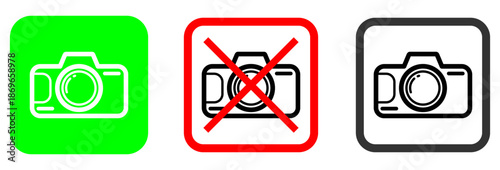 Collection of camera status icons for digital use, showing permitted and restricted photography zones with intuitive green, red, and black color coding