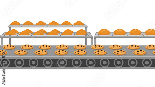 Automated bakery production line features chocolate chip cookies moving on a conveyor belt, with freshly baked croissants and bread rolls cooling on racks.