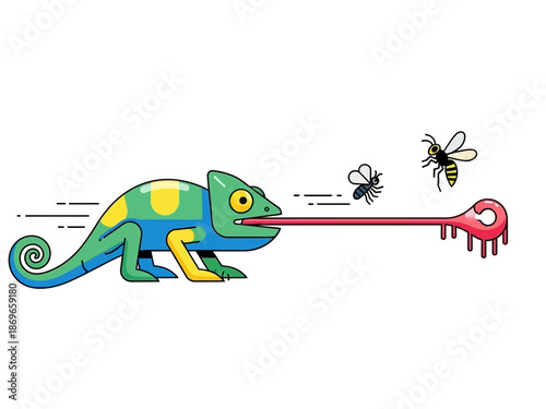 Chameleon with a long tongue catching a bee in a humorous cartoon illustration