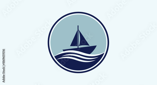 Nautical sailboat logo on waves in circle frame graphic design