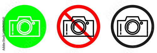 A versatile set of camera icons featuring a green "allow" sign, a red "prohibited" symbol, and a standard black icon